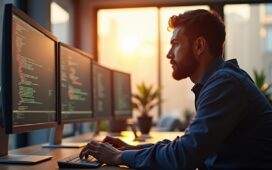 Ein modernes, hell erleuchtetes Büro mit einem konzentrierten Entwickler, der entspannt vor mehreren Bildschirmen mit klar sichtbarem Python-Code arbeitet, während warmes Tageslicht durch große Fenster fällt und eine Atmosphäre von Innovation, Produktivität und technologischer Zukunft schafft.