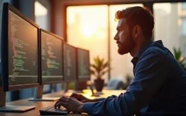 Ein modernes, hell erleuchtetes Büro mit einem konzentrierten Entwickler, der entspannt vor mehreren Bildschirmen mit klar sichtbarem Python-Code arbeitet, während warmes Tageslicht durch große Fenster fällt und eine Atmosphäre von Innovation, Produktivität und technologischer Zukunft schafft.