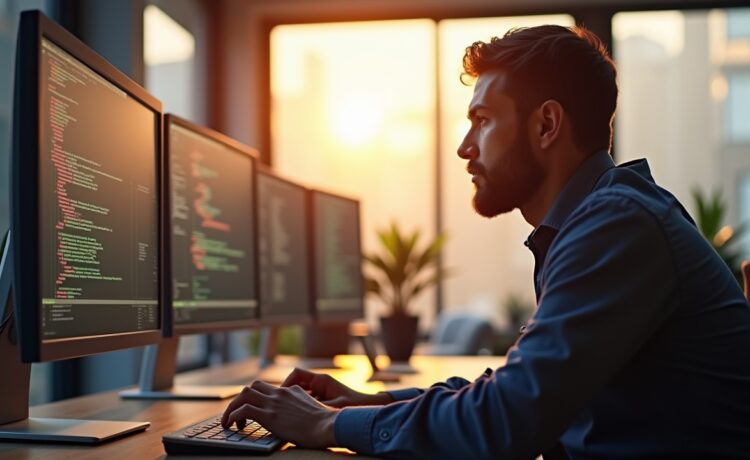 Ein modernes, hell erleuchtetes Büro mit einem konzentrierten Entwickler, der entspannt vor mehreren Bildschirmen mit klar sichtbarem Python-Code arbeitet, während warmes Tageslicht durch große Fenster fällt und eine Atmosphäre von Innovation, Produktivität und technologischer Zukunft schafft.