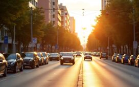 Sonnendurchflutete Straßenszene in Athen bei Tageslicht, mit modernen KI-Überwachungskameras an urbanen Verkehrsknotenpunkten, lebhaften Fahrzeugen und Passanten, die harmonisch den Verkehrsfluss bewegen, eingefangen in einem klaren, warmen Editorial-Stil voller Optimismus und technologischer Fortschrittlichkeit.