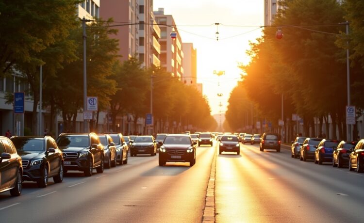 Sonnendurchflutete Straßenszene in Athen bei Tageslicht, mit modernen KI-Überwachungskameras an urbanen Verkehrsknotenpunkten, lebhaften Fahrzeugen und Passanten, die harmonisch den Verkehrsfluss bewegen, eingefangen in einem klaren, warmen Editorial-Stil voller Optimismus und technologischer Fortschrittlichkeit.