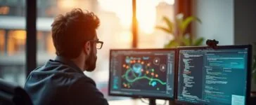 In einem hell erleuchteten, modernen Büro sitzt ein fokussierter IT-Sicherheitsexperte vor mehreren Monitoren mit Code und Netzwerkgrafiken, umgeben von natürlichem Tageslicht und einer warmen, einladenden Atmosphäre, die die Bedeutung von Penetrationstests für digitale Sicherheit eindrucksvoll vermittelt.