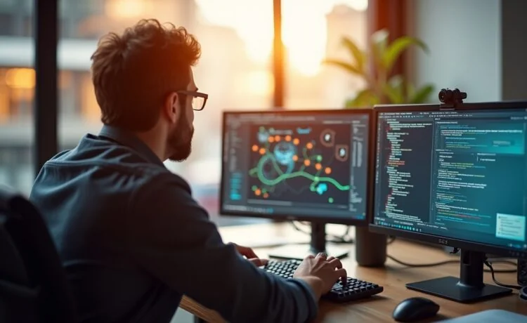 In einem hell erleuchteten, modernen Büro sitzt ein fokussierter IT-Sicherheitsexperte vor mehreren Monitoren mit Code und Netzwerkgrafiken, umgeben von natürlichem Tageslicht und einer warmen, einladenden Atmosphäre, die die Bedeutung von Penetrationstests für digitale Sicherheit eindrucksvoll vermittelt.