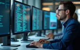 Ein sonnendurchflutetes, modernes Büro mit konzentrierten IT-Sicherheitsexperten vor Bildschirmen voller Code, deren freundliche Gesichter und natürliche Gesten die komplexe, dennoch menschliche Seite der globalen Cyberabwehr gegen digitale Bedrohungen aus Russland vermitteln.