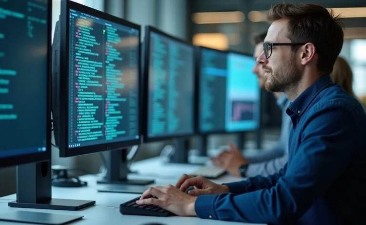 Ein sonnendurchflutetes, modernes Büro mit konzentrierten IT-Sicherheitsexperten vor Bildschirmen voller Code, deren freundliche Gesichter und natürliche Gesten die komplexe, dennoch menschliche Seite der globalen Cyberabwehr gegen digitale Bedrohungen aus Russland vermitteln.