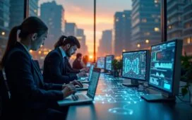 Eine lichtdurchflutete, moderne europäische Stadtlandschaft im Morgenlicht, in der gut gekleidete Fachleute unterschiedlichster Herkunft engagiert an digitalen Geräten und holografischen Schnittstellen arbeiten, umgeben von klar sichtbaren Symbolen für Innovation, Vernetzung und Nachhaltigkeit – stimmungsvoll warm und realistisch, mit natürlicher Beleuchtung und einem inspirierenden, zukunftsorientierten Flair.