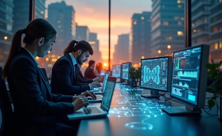 Eine lichtdurchflutete, moderne europäische Stadtlandschaft im Morgenlicht, in der gut gekleidete Fachleute unterschiedlichster Herkunft engagiert an digitalen Geräten und holografischen Schnittstellen arbeiten, umgeben von klar sichtbaren Symbolen für Innovation, Vernetzung und Nachhaltigkeit – stimmungsvoll warm und realistisch, mit natürlicher Beleuchtung und einem inspirierenden, zukunftsorientierten Flair.