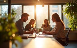 Ein strahlend heller, moderner Büroarbeitsplatz mit fokussierten Unternehmern und Entwicklern, die bei natürlichem Tageslicht an innovativen Webentwicklungstrends von 2026 arbeiten, umgeben von warmen Holztönen und lebendiger Pflanzenwelt, die eine freundliche, kreative Atmosphäre voller Zukunftsenergie und Teamgeist ausstrahlt.