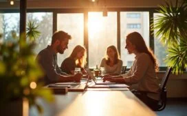 Ein strahlend heller, moderner Büroarbeitsplatz mit fokussierten Unternehmern und Entwicklern, die bei natürlichem Tageslicht an innovativen Webentwicklungstrends von 2026 arbeiten, umgeben von warmen Holztönen und lebendiger Pflanzenwelt, die eine freundliche, kreative Atmosphäre voller Zukunftsenergie und Teamgeist ausstrahlt.