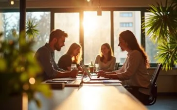 Ein strahlend heller, moderner Büroarbeitsplatz mit fokussierten Unternehmern und Entwicklern, die bei natürlichem Tageslicht an innovativen Webentwicklungstrends von 2026 arbeiten, umgeben von warmen Holztönen und lebendiger Pflanzenwelt, die eine freundliche, kreative Atmosphäre voller Zukunftsenergie und Teamgeist ausstrahlt.