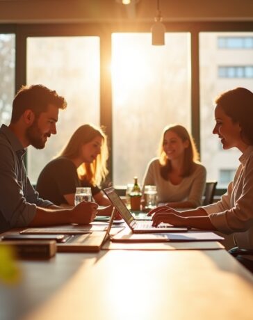 Ein strahlend heller, moderner Büroarbeitsplatz mit fokussierten Unternehmern und Entwicklern, die bei natürlichem Tageslicht an innovativen Webentwicklungstrends von 2026 arbeiten, umgeben von warmen Holztönen und lebendiger Pflanzenwelt, die eine freundliche, kreative Atmosphäre voller Zukunftsenergie und Teamgeist ausstrahlt.