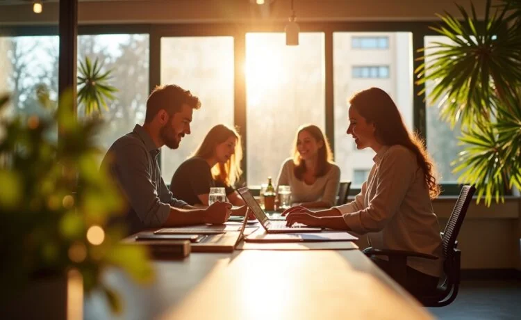 Ein strahlend heller, moderner Büroarbeitsplatz mit fokussierten Unternehmern und Entwicklern, die bei natürlichem Tageslicht an innovativen Webentwicklungstrends von 2026 arbeiten, umgeben von warmen Holztönen und lebendiger Pflanzenwelt, die eine freundliche, kreative Atmosphäre voller Zukunftsenergie und Teamgeist ausstrahlt.