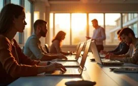 Ein hell erleuchtetes Bürozimmer mit großen Fenstern, in dem diverse Menschen unterschiedlicher Herkunft engagiert an modernen Laptops und digitalen Geräten arbeiten, während warme Sonnenstrahlen die Szene durchfluten und eine lebendige Atmosphäre des Aufbruchs und der dynamischen Innovation in der KI-Technologie vermitteln.