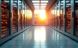 Ein lichtdurchfluteter, hochmoderner Serverraum mit elegant leuchtenden photonischen Chips auf silbernen Platinen, in dem sanftes Tageslicht durch große Fenster fällt und die Zukunft energieeffizienter Rechenzentren mit warmem, einladendem Ambiente symbolisiert.