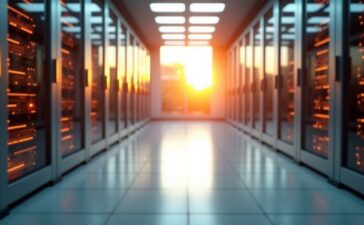 Ein lichtdurchfluteter, hochmoderner Serverraum mit elegant leuchtenden photonischen Chips auf silbernen Platinen, in dem sanftes Tageslicht durch große Fenster fällt und die Zukunft energieeffizienter Rechenzentren mit warmem, einladendem Ambiente symbolisiert.