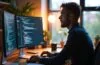 Ein hell erleuchtetes, modernes Büro mit einem lächelnden Softwareentwickler vor zwei großen Bildschirmen, die komplexe, farblich warme Codezeilen und graphische Datenströme zeigen, während weiches Tageslicht durch ein großes Fenster fällt und eine einladende, inspirierende Atmosphäre für innovative Webentwicklung schafft.
