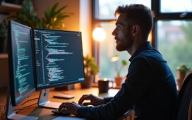 Ein hell erleuchtetes, modernes Büro mit einem lächelnden Softwareentwickler vor zwei großen Bildschirmen, die komplexe, farblich warme Codezeilen und graphische Datenströme zeigen, während weiches Tageslicht durch ein großes Fenster fällt und eine einladende, inspirierende Atmosphäre für innovative Webentwicklung schafft.