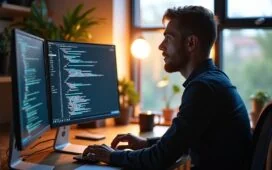 Ein hell erleuchtetes, modernes Büro mit einem lächelnden Softwareentwickler vor zwei großen Bildschirmen, die komplexe, farblich warme Codezeilen und graphische Datenströme zeigen, während weiches Tageslicht durch ein großes Fenster fällt und eine einladende, inspirierende Atmosphäre für innovative Webentwicklung schafft.