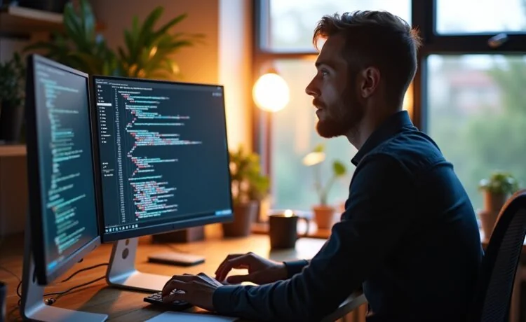 Ein hell erleuchtetes, modernes Büro mit einem lächelnden Softwareentwickler vor zwei großen Bildschirmen, die komplexe, farblich warme Codezeilen und graphische Datenströme zeigen, während weiches Tageslicht durch ein großes Fenster fällt und eine einladende, inspirierende Atmosphäre für innovative Webentwicklung schafft.