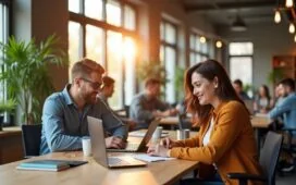 Ein modernes Büro mit entspannter, freundlicher Atmosphäre, in dem ein vielfältiges Team aus Fachpersonen bei natürlichem Tageslicht konzentriert an Laptops und digitalen Geräten zusammenarbeitet, während helle Holzelemente und warme Farbtöne eine einladende, souveräne Stimmung erzeugen.