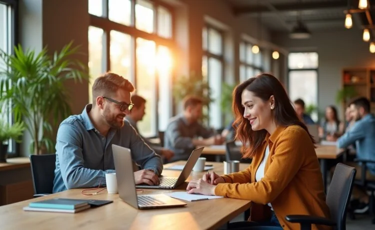 Ein modernes Büro mit entspannter, freundlicher Atmosphäre, in dem ein vielfältiges Team aus Fachpersonen bei natürlichem Tageslicht konzentriert an Laptops und digitalen Geräten zusammenarbeitet, während helle Holzelemente und warme Farbtöne eine einladende, souveräne Stimmung erzeugen.