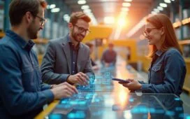 In einem lichtdurchfluteten, modernen Logistikzentrum arbeitet ein Team aus motivierten Fachleuten mit digitaler Steuerungstechnik und feinjustierter Robotik, während die warme Sonnenbeleuchtung die hochmoderne Technologie und die lebendige Zusammenarbeit harmonisch in Szene setzt.