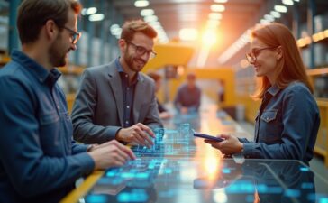 In einem lichtdurchfluteten, modernen Logistikzentrum arbeitet ein Team aus motivierten Fachleuten mit digitaler Steuerungstechnik und feinjustierter Robotik, während die warme Sonnenbeleuchtung die hochmoderne Technologie und die lebendige Zusammenarbeit harmonisch in Szene setzt.