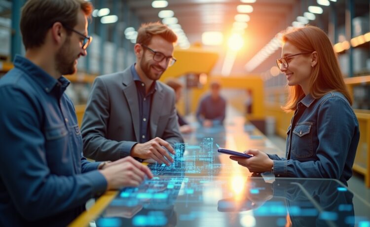 In einem lichtdurchfluteten, modernen Logistikzentrum arbeitet ein Team aus motivierten Fachleuten mit digitaler Steuerungstechnik und feinjustierter Robotik, während die warme Sonnenbeleuchtung die hochmoderne Technologie und die lebendige Zusammenarbeit harmonisch in Szene setzt.