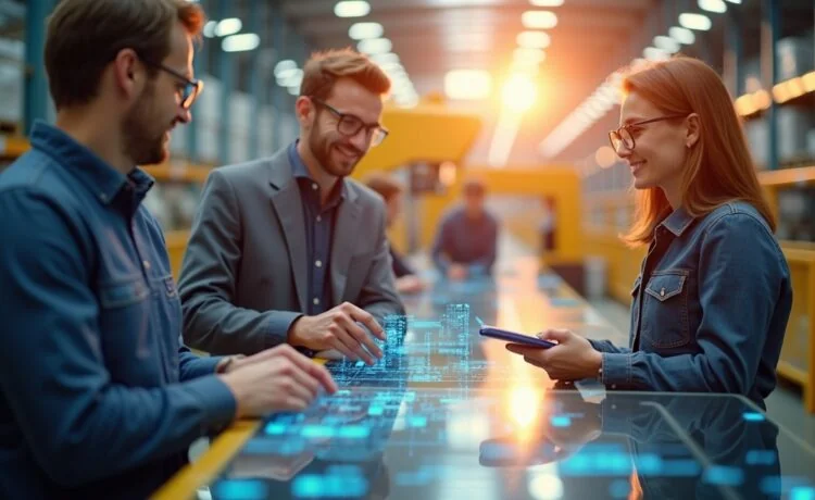 In einem lichtdurchfluteten, modernen Logistikzentrum arbeitet ein Team aus motivierten Fachleuten mit digitaler Steuerungstechnik und feinjustierter Robotik, während die warme Sonnenbeleuchtung die hochmoderne Technologie und die lebendige Zusammenarbeit harmonisch in Szene setzt.