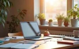 Ein hell erleuchteter, freundlicher Arbeitsraum mit einem modernen Laptop, farbenfrohen Design-Skizzen und Notizbüchern auf dem Tisch, während eine fokussierte Webdesignerin in sanftem Tageslicht kreativ an responsiven Website-Templates arbeitet und dabei die perfekte Balance zwischen Struktur und Freiheit spürt.