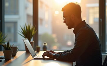 Helles, von natürlichem Tageslicht durchflutetes Büroambiente mit konzentrierten Fachleuten am Laptop, die in freundlicher Atmosphäre über Datenschutz und IT-Sicherheit beraten, während moderne Technik und aufgeschlagene Akten auf verantwortungsvolle Unternehmensführung und das Thema DSGVO-Verstöße hinweisen.