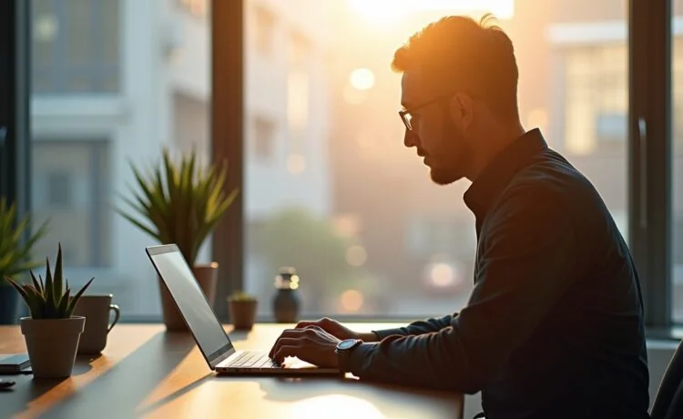 Helles, von natürlichem Tageslicht durchflutetes Büroambiente mit konzentrierten Fachleuten am Laptop, die in freundlicher Atmosphäre über Datenschutz und IT-Sicherheit beraten, während moderne Technik und aufgeschlagene Akten auf verantwortungsvolle Unternehmensführung und das Thema DSGVO-Verstöße hinweisen.