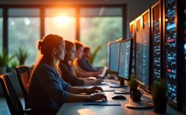 Ein lichtdurchflutetes, modernes IT-Büro mit fokussierten Entwickler:innen, die konzentriert an leistungsstarken Server-Setups und dualen Bildschirmen arbeiten, während warme Sonnenstrahlen die Hightech-Umgebung und ein Gefühl von Collaboration sowie zukunftsorientierter Effizienz sanft beleuchten.