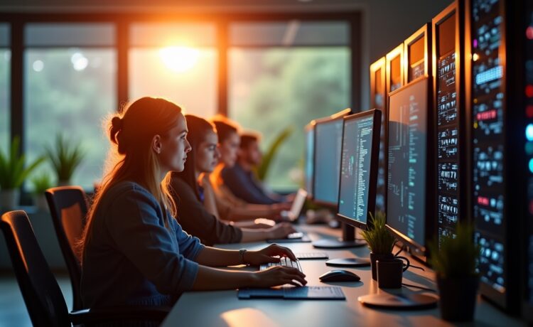 Ein lichtdurchflutetes, modernes IT-Büro mit fokussierten Entwickler:innen, die konzentriert an leistungsstarken Server-Setups und dualen Bildschirmen arbeiten, während warme Sonnenstrahlen die Hightech-Umgebung und ein Gefühl von Collaboration sowie zukunftsorientierter Effizienz sanft beleuchten.