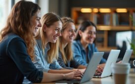 In einem modern gestalteten Büro mit warmem Tageslicht lachen engagierte Softwareentwickler:innen vertrauensvoll miteinander, während sie konzentriert an Laptops im Team an digitalen Lösungen feilen – ein Bild für effiziente Kollaboration und technologische Innovation.