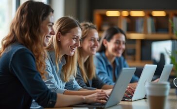 In einem modern gestalteten Büro mit warmem Tageslicht lachen engagierte Softwareentwickler:innen vertrauensvoll miteinander, während sie konzentriert an Laptops im Team an digitalen Lösungen feilen – ein Bild für effiziente Kollaboration und technologische Innovation.