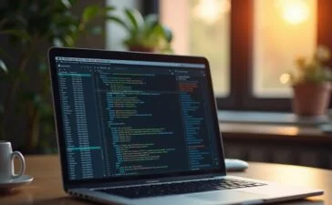 Ein hell erleuchteter, moderner Arbeitsplatz mit einem aufgeräumten Laptop-Bildschirm, der komplexe Netzwerkkonfigurationen zeigt, umgeben von freundlichem, warmem Tageslicht, das eine inspirierende und zugängliche Atmosphäre für den Einstieg in HAProxy vermittelt.