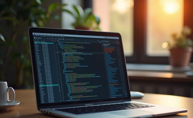 Ein hell erleuchteter, moderner Arbeitsplatz mit einem aufgeräumten Laptop-Bildschirm, der komplexe Netzwerkkonfigurationen zeigt, umgeben von freundlichem, warmem Tageslicht, das eine inspirierende und zugängliche Atmosphäre für den Einstieg in HAProxy vermittelt.