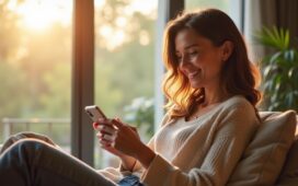 Eine warme, lichtdurchflutete Szene zeigt eine junge Frau, die entspannt mit einem Smartphone in der Hand lächelnd in einem modernen Wohnzimmer sitzt, während im Hintergrund sanftes Tageslicht durch große Fenster fällt und subtil ein digital animiertes Chatfenster mit Produktempfehlungen andeutet – Sinnbild für die neue, natürliche Verbindung von KI-gestütztem Shopping und alltäglicher Kommunikation.