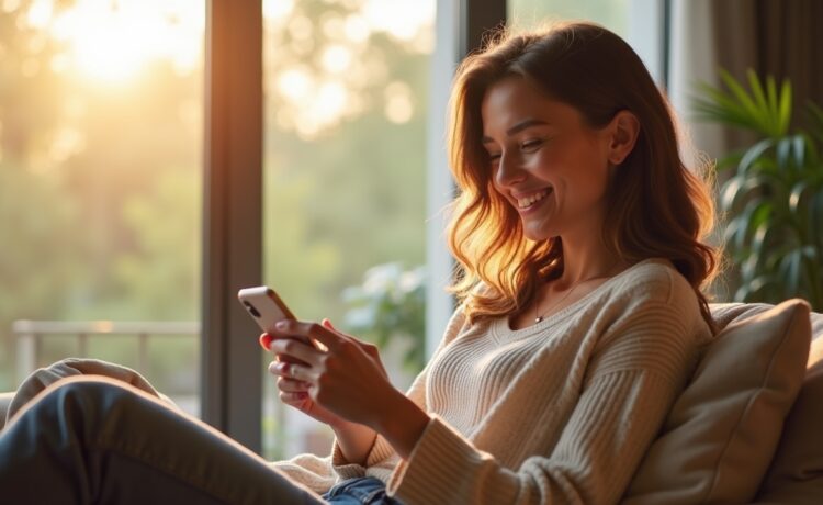 Eine warme, lichtdurchflutete Szene zeigt eine junge Frau, die entspannt mit einem Smartphone in der Hand lächelnd in einem modernen Wohnzimmer sitzt, während im Hintergrund sanftes Tageslicht durch große Fenster fällt und subtil ein digital animiertes Chatfenster mit Produktempfehlungen andeutet – Sinnbild für die neue, natürliche Verbindung von KI-gestütztem Shopping und alltäglicher Kommunikation.