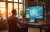 Ein warm beleuchtetes, modern eingerichtetes Büro im Sonnenlicht, in dem ein nachdenklicher Mann mittleren Alters vor einem großen Bildschirm mit sozialen Medien-Feeds und abstrakten Grafiken sitzt, während durch ein großes Fenster sanftes Tageslicht fällt und die komplexe, kontroverse Welt digitaler Kommunikation und rechtlicher Herausforderungen lebendig einfängt.
