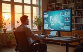 Ein warm beleuchtetes, modern eingerichtetes Büro im Sonnenlicht, in dem ein nachdenklicher Mann mittleren Alters vor einem großen Bildschirm mit sozialen Medien-Feeds und abstrakten Grafiken sitzt, während durch ein großes Fenster sanftes Tageslicht fällt und die komplexe, kontroverse Welt digitaler Kommunikation und rechtlicher Herausforderungen lebendig einfängt.