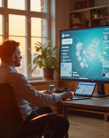 Ein warm beleuchtetes, modern eingerichtetes Büro im Sonnenlicht, in dem ein nachdenklicher Mann mittleren Alters vor einem großen Bildschirm mit sozialen Medien-Feeds und abstrakten Grafiken sitzt, während durch ein großes Fenster sanftes Tageslicht fällt und die komplexe, kontroverse Welt digitaler Kommunikation und rechtlicher Herausforderungen lebendig einfängt.