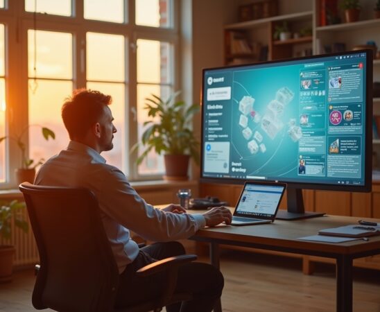 Ein warm beleuchtetes, modern eingerichtetes Büro im Sonnenlicht, in dem ein nachdenklicher Mann mittleren Alters vor einem großen Bildschirm mit sozialen Medien-Feeds und abstrakten Grafiken sitzt, während durch ein großes Fenster sanftes Tageslicht fällt und die komplexe, kontroverse Welt digitaler Kommunikation und rechtlicher Herausforderungen lebendig einfängt.