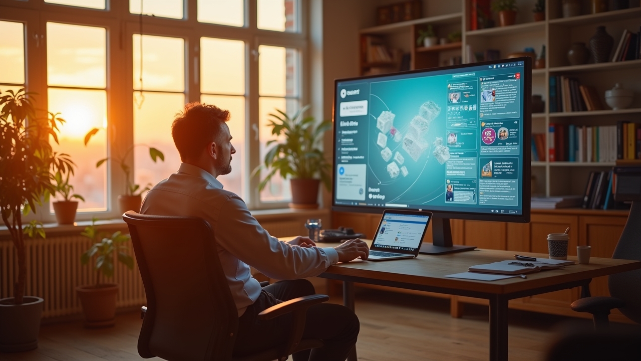 Ein warm beleuchtetes, modern eingerichtetes Büro im Sonnenlicht, in dem ein nachdenklicher Mann mittleren Alters vor einem großen Bildschirm mit sozialen Medien-Feeds und abstrakten Grafiken sitzt, während durch ein großes Fenster sanftes Tageslicht fällt und die komplexe, kontroverse Welt digitaler Kommunikation und rechtlicher Herausforderungen lebendig einfängt.