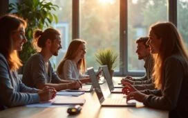 Ein heller, freundlich erleuchteter Bürotisch voller moderner Laptops, Tablets und Notizblätter, umgeben von entspannten Entwicklerinnen und Entwicklern in lebhaften Gesprächen, die konzentriert an innovativen Code- und Automatisierungslösungen arbeiten – eingefangen in warmem, natürlichem Licht mit cineastischer Klarheit und realistischen Details.