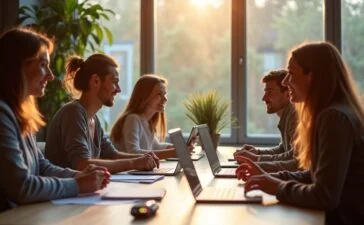 Ein heller, freundlich erleuchteter Bürotisch voller moderner Laptops, Tablets und Notizblätter, umgeben von entspannten Entwicklerinnen und Entwicklern in lebhaften Gesprächen, die konzentriert an innovativen Code- und Automatisierungslösungen arbeiten – eingefangen in warmem, natürlichem Licht mit cineastischer Klarheit und realistischen Details.