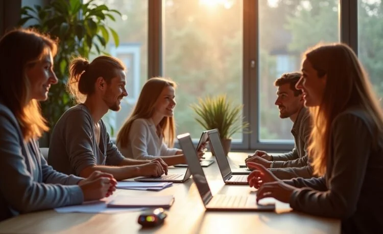 Ein heller, freundlich erleuchteter Bürotisch voller moderner Laptops, Tablets und Notizblätter, umgeben von entspannten Entwicklerinnen und Entwicklern in lebhaften Gesprächen, die konzentriert an innovativen Code- und Automatisierungslösungen arbeiten – eingefangen in warmem, natürlichem Licht mit cineastischer Klarheit und realistischen Details.