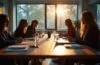 Eine helle, natürlich ausgeleuchtete Aufnahme eines nachdenklichen Teams aus Expert:innen in einem modernen Büro, die bei einem konstruktiven Gespräch um einen großen Holztisch sitzen und dabei mit warmen Farben und realistischen Details das Spannungsfeld zwischen technologischer Innovation und ethischer Verantwortung im KI-Bereich widerspiegeln.