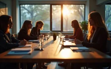 Eine helle, natürlich ausgeleuchtete Aufnahme eines nachdenklichen Teams aus Expert:innen in einem modernen Büro, die bei einem konstruktiven Gespräch um einen großen Holztisch sitzen und dabei mit warmen Farben und realistischen Details das Spannungsfeld zwischen technologischer Innovation und ethischer Verantwortung im KI-Bereich widerspiegeln.